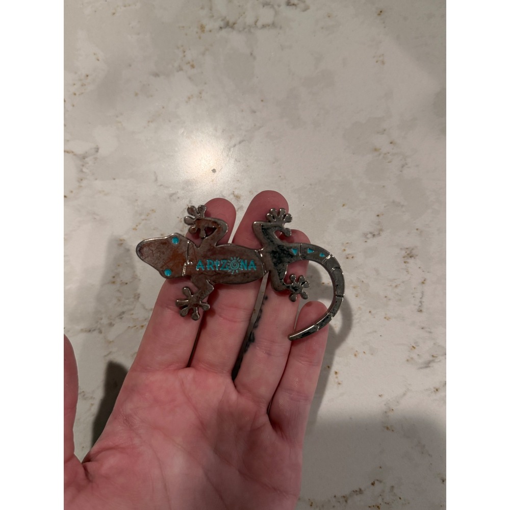 Arizona Gecko Lizard Magnet Silver Tone Turquoise‎ Accents Southwestern Souvenir